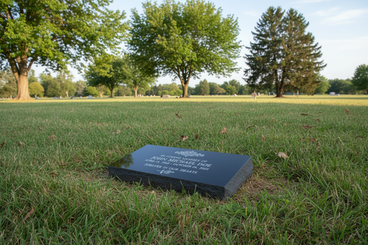 Create a flat 12x24 black granite headstone with light grey engraving